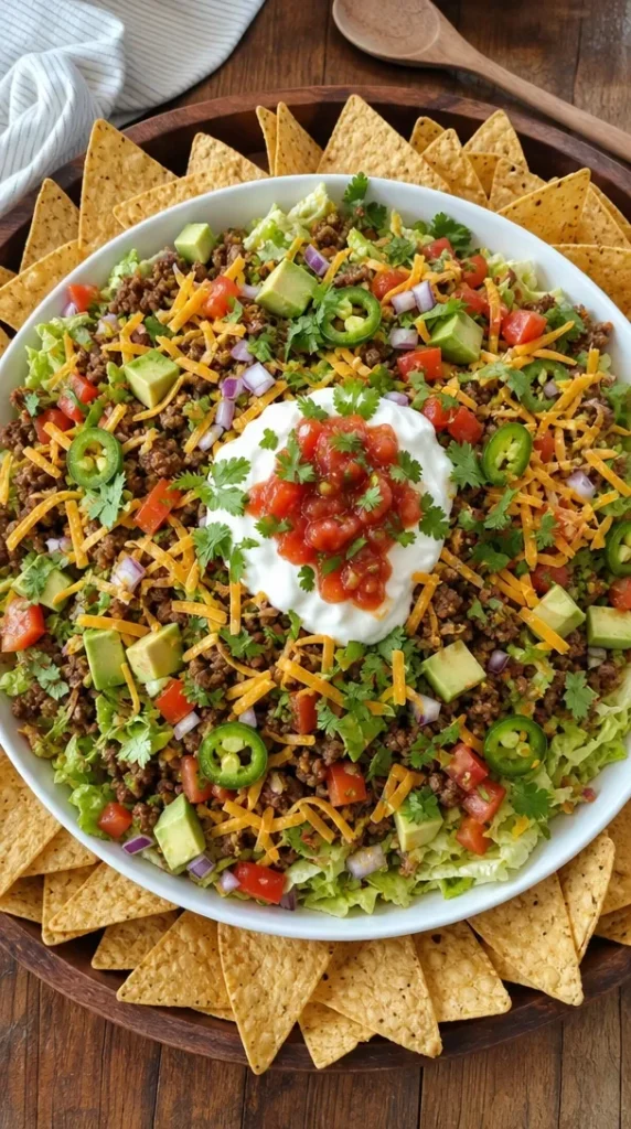 A colorful and fresh taco salad with toppings and ingredients displayed enticingly.