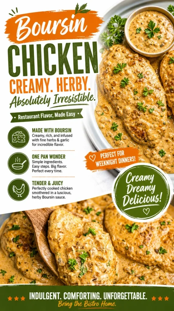 Plate of creamy Boursin Chicken garnished with herbs
