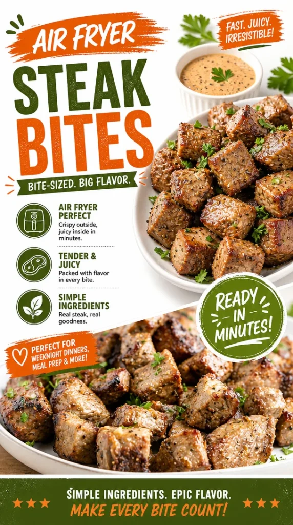 Easy air fryer steak bites served in a bowl with herbs