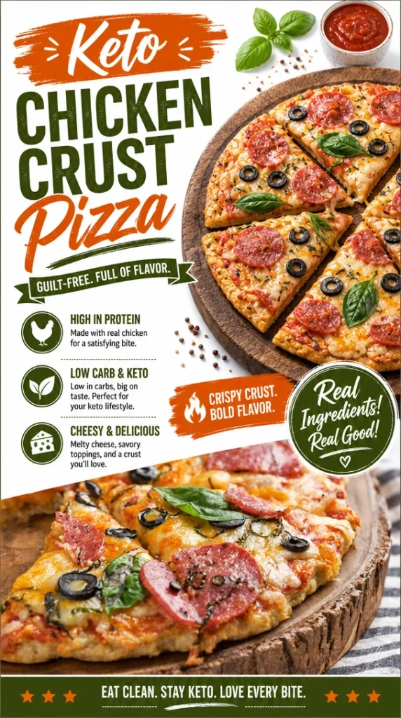 Delicious easy keto chicken crust pizza with toppings