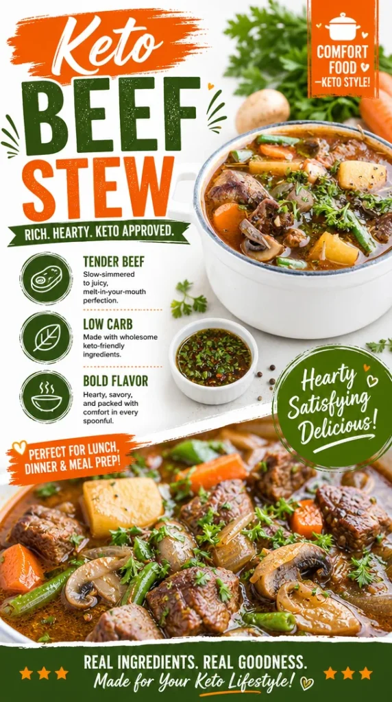 Delicious Keto beef stew with tender chunks of meat and veggies.