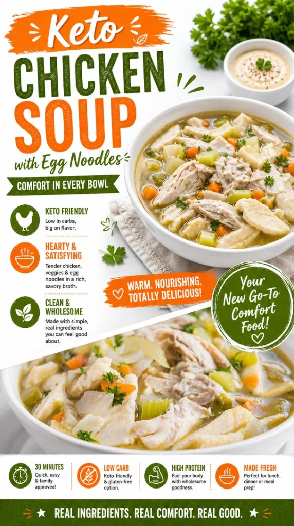 Bowl of Keto Chicken Soup with Egg Noodles garnished with herbs