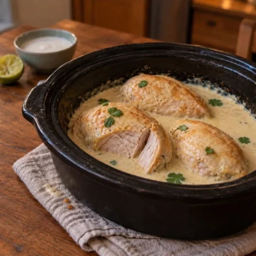 Crockpot Coconut Lime Chicken: three chicken breasts in creamy coconut lime sauce in a black slow cooker, one sliced open