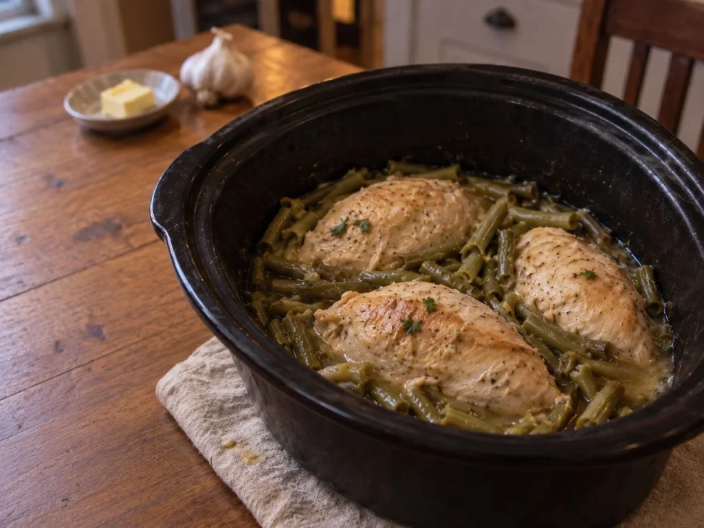 Crockpot Garlic Butter Chicken: three chicken breasts with green beans in garlic butter juices in a black slow cooker