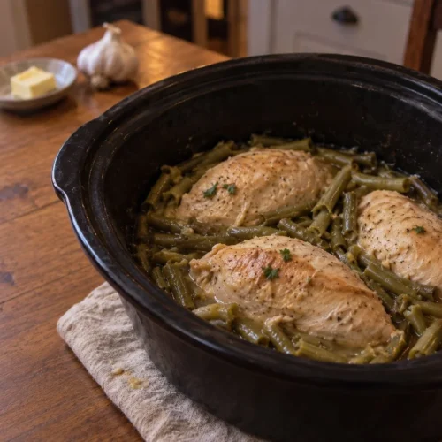 Crockpot Garlic Butter Chicken: three chicken breasts with green beans in garlic butter juices in a black slow cooker
