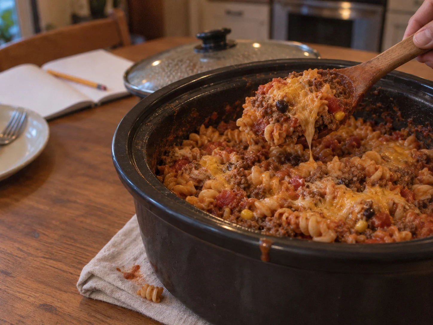 Crockpot taco pasta with ground beef, rotini and melted cheddar in a slow cooker on a family dinner table