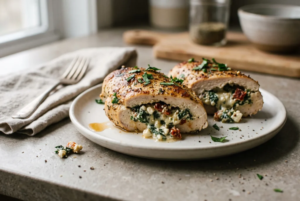 Two sliced stuffed chicken breasts on a white plate, filled with spinach, feta, cream cheese and sun-dried tomatoes