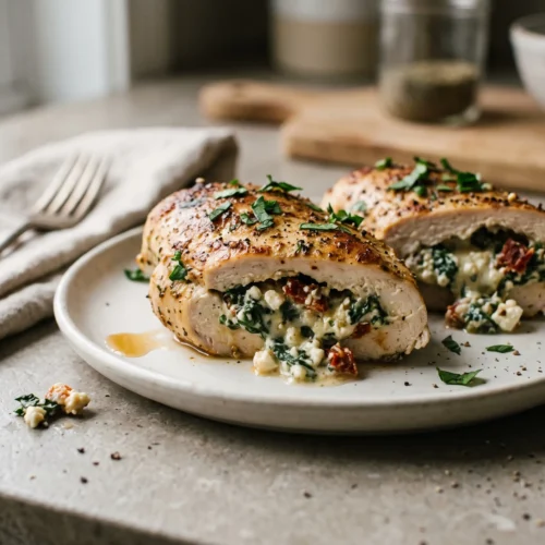 Two sliced stuffed chicken breasts on a white plate, filled with spinach, feta, cream cheese and sun-dried tomatoes