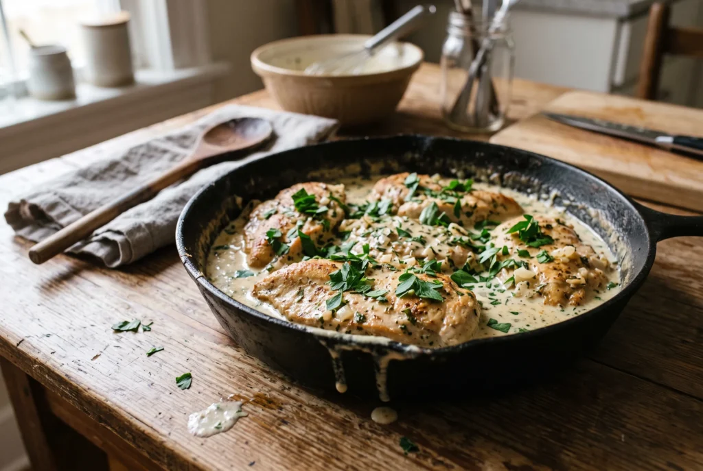 Pan-seared chicken cutlets in a creamy herb sauce with parsley in a cast iron skillet