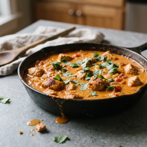 Brazilian coconut chicken with tomato and cilantro in a cast iron skillet on a stone counter.