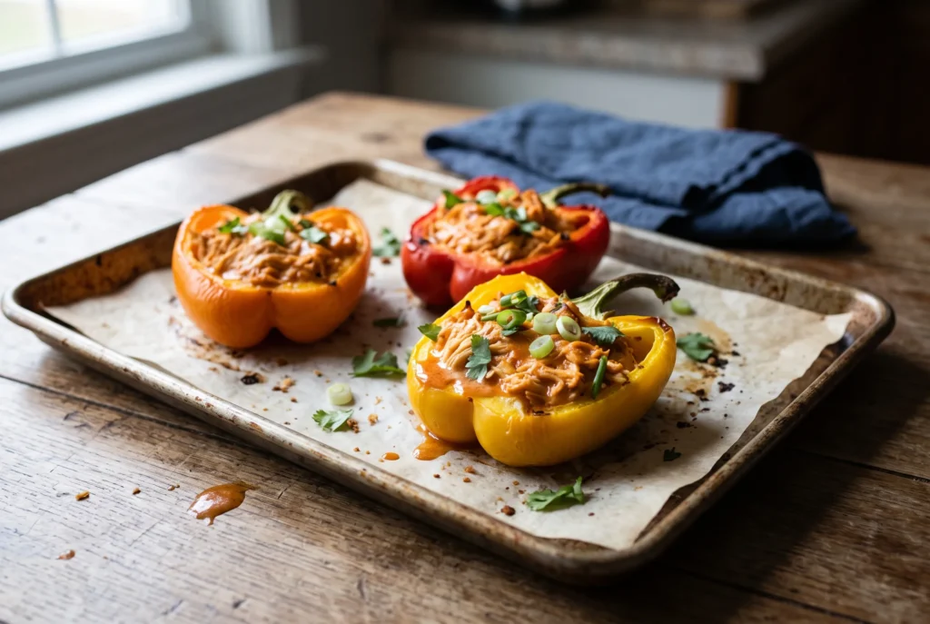 Buffalo chicken stuffed bell pepper halves on a baking sheet