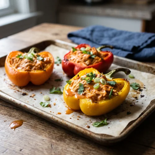 Buffalo chicken stuffed bell pepper halves on a baking sheet