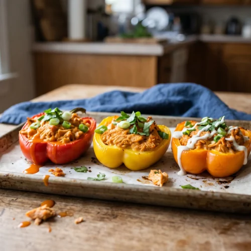 Buffalo chicken stuffed bell peppers with green onions on a baking sheet