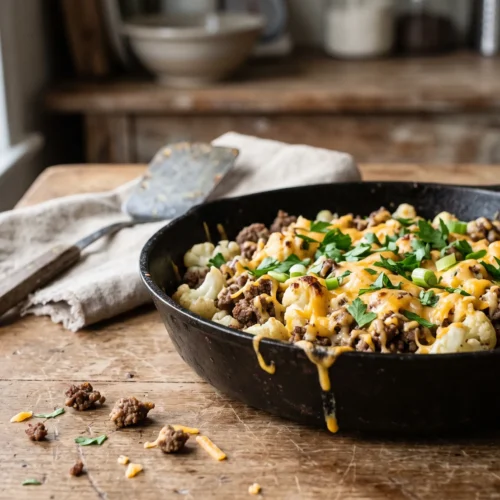 Cauliflower and ground beef hash topped with melted cheddar in a cast-iron skillet
