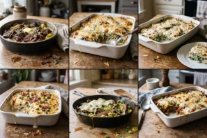 Collage of six cozy high protein fall dinners including pot roast, casseroles and soup