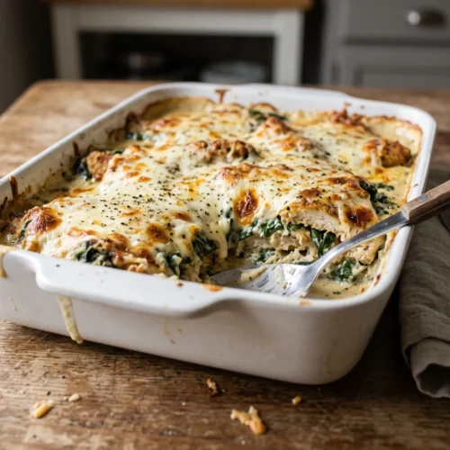 Creamy baked chicken and spinach casserole with melted cheese in a white baking dish