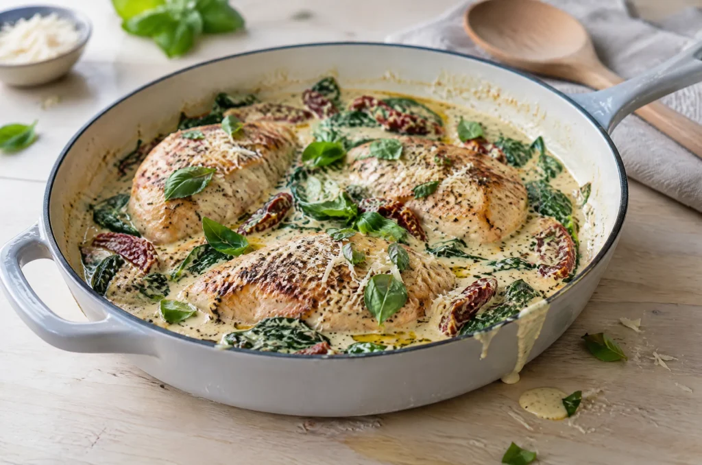 A cream-colored skillet of seared Tuscan chicken breasts in a creamy Parmesan sauce with spinach, sun-dried tomatoes and fresh basil