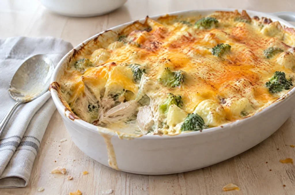 Creamy chicken casserole with broccoli and cauliflower under a golden melted cheddar top in a white oval baking dish