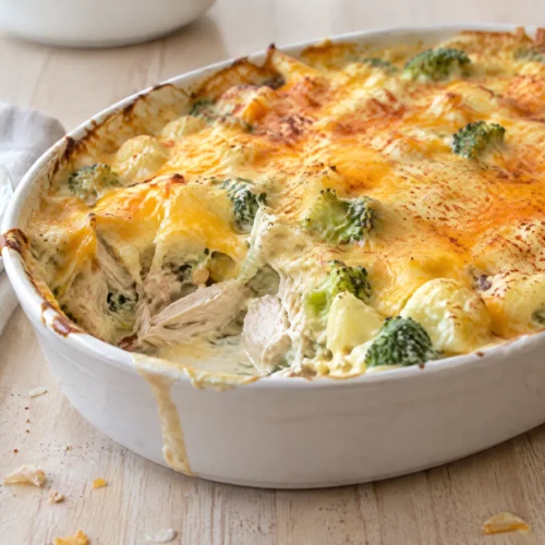Creamy chicken casserole with broccoli and cauliflower under a golden melted cheddar top in a white oval baking dish