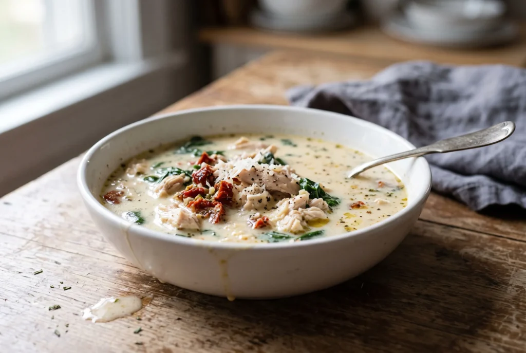 Creamy Tuscan chicken soup with spinach and sun-dried tomatoes in a white bowl