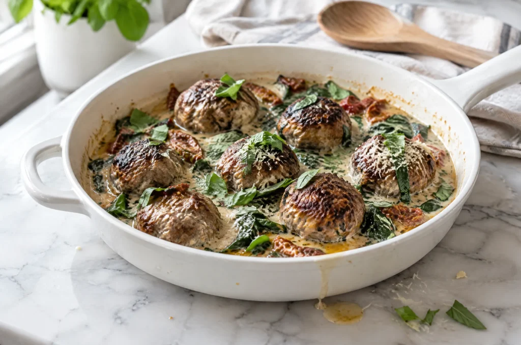 Creamy Tuscan keto meatballs with spinach and sun-dried tomatoes in a white skillet