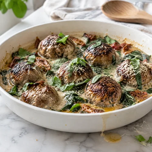 Creamy Tuscan keto meatballs with spinach and sun-dried tomatoes in a white skillet