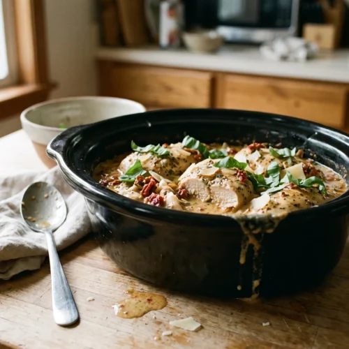 Marry me chicken with sun-dried tomatoes, Parmesan and basil in a black slow cooker