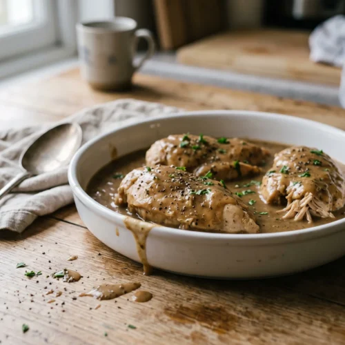 Slow cooker chicken breasts in brown gravy in a white dish