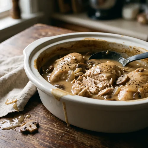 Slow cooker of chicken breasts in brown gravy with mushrooms and onion on a wooden table