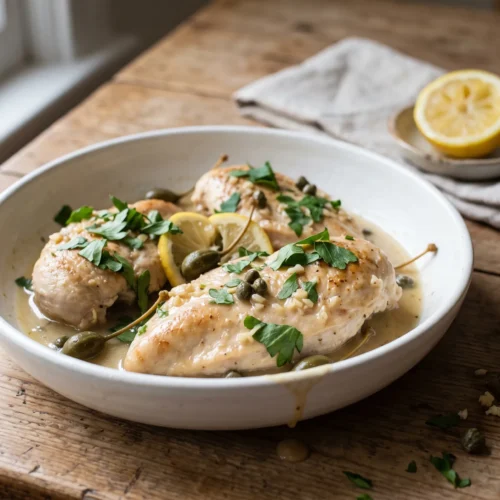 Slow cooker chicken piccata with capers, lemon and parsley in a white bowl