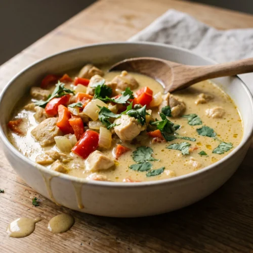 A bowl of creamy coconut curry chicken with red bell pepper and cilantro.
