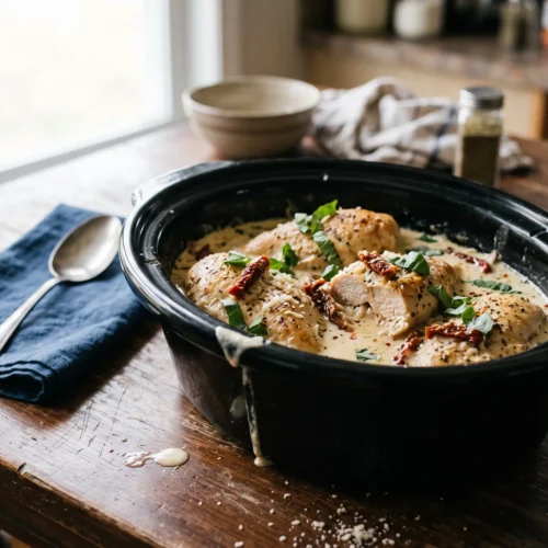 Marry me chicken breasts in a creamy Parmesan sauce with sun-dried tomatoes and basil in a black slow cooker