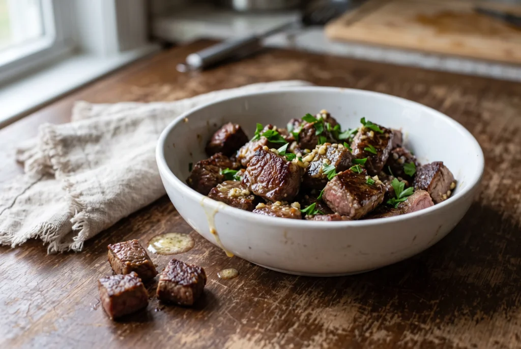 Seared garlic butter steak bites with parsley in a white bowl