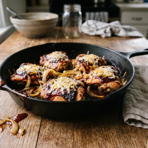 BBQ chicken thighs with onions and melted cheese in a cast iron skillet