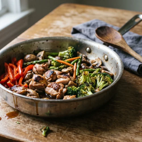 Chicken thigh stir fry with red pepper, broccoli, asparagus and mushrooms in a steel skillet on a wooden table