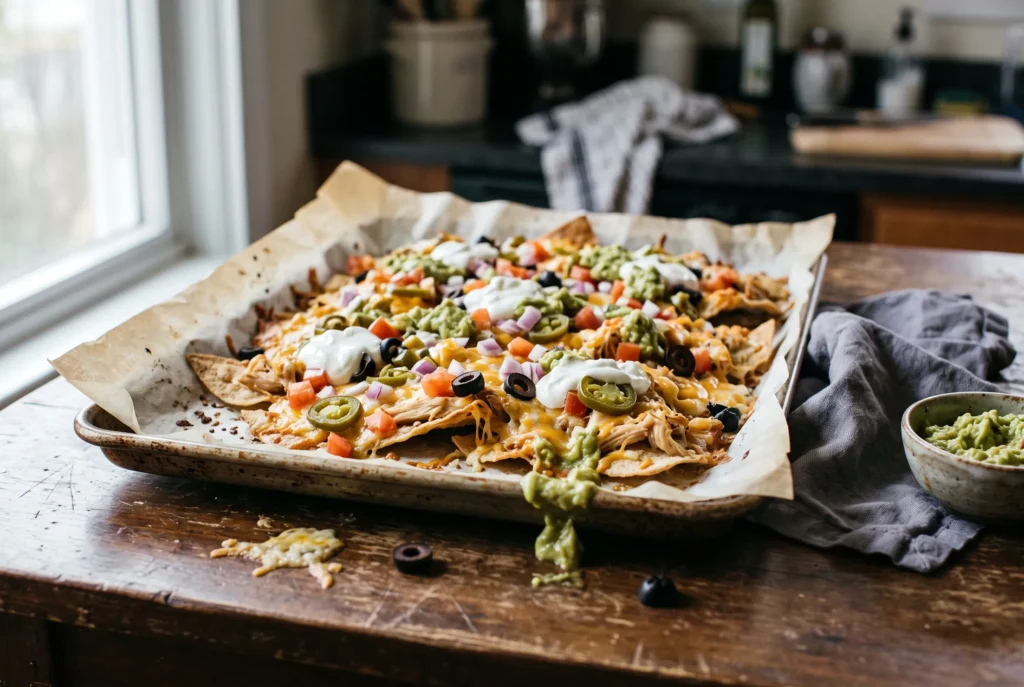 Low-carb chicken nachos with melted cheese, guacamole and jalapenos on a baking sheet