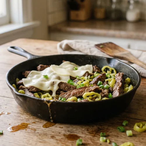 Cast iron skillet of sliced flank steak with pepperoncini, green onions and melted provolone on a wooden table
