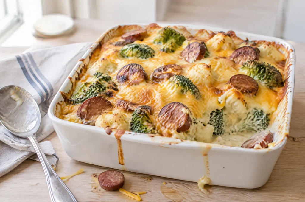 Broccoli and cauliflower gratin with sliced smoked beef sausage under bubbling cheddar in a square white baking dish
