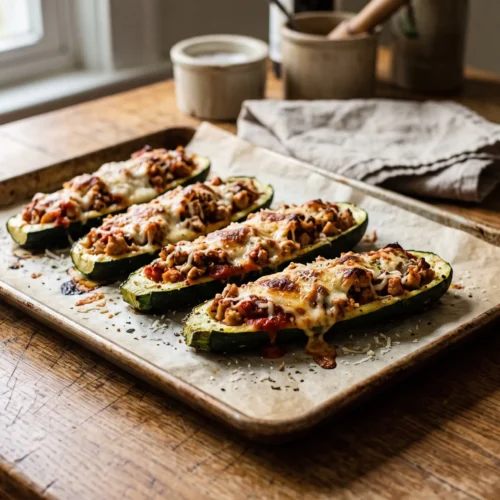 Chicken parmesan stuffed zucchini boats with melted mozzarella on a baking sheet