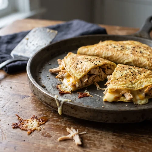 Egg-and-cheese keto chicken quesadilla folded in a skillet with shredded chicken and melted cheese.