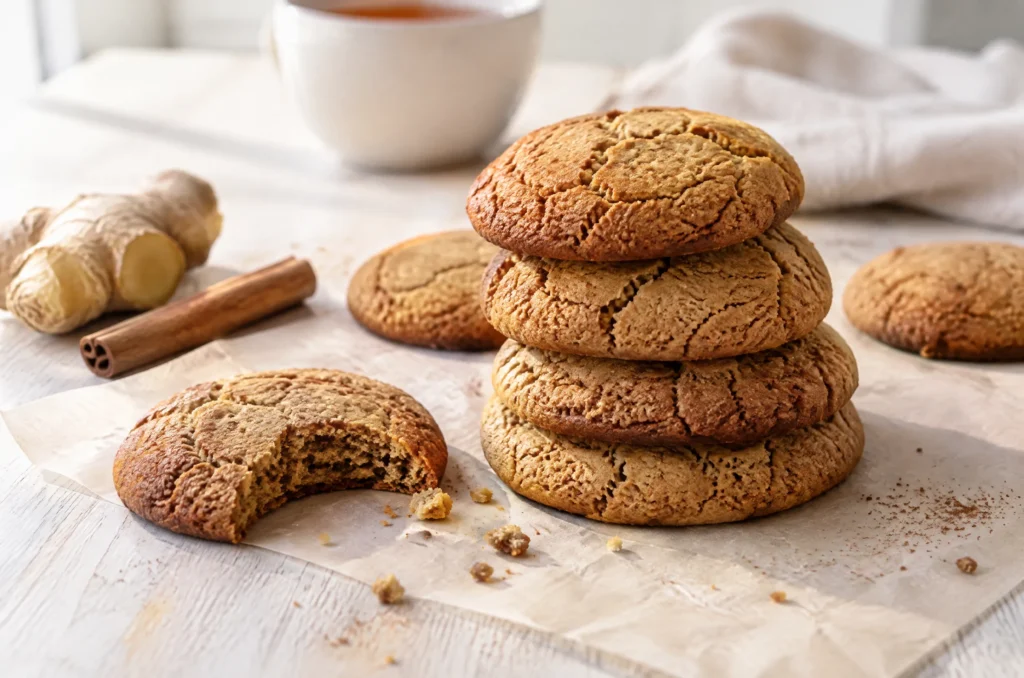Stack of baked keto ginger cookies on parchment with fresh ginger and a cinnamon stick