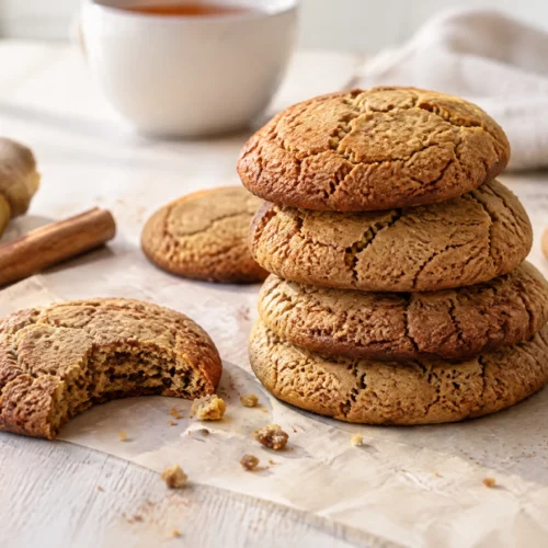 Stack of baked keto ginger cookies on parchment with fresh ginger and a cinnamon stick