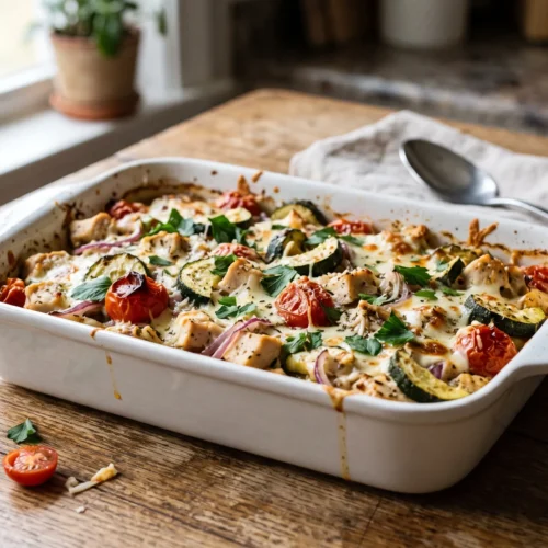 Baked Mediterranean chicken and zucchini casserole with cherry tomatoes and melted cheese in a white baking dish