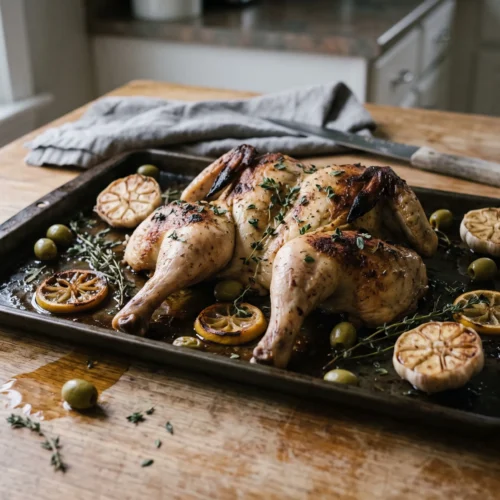 Whole spatchcocked roasted chicken on a baking sheet with roasted garlic, lemon slices, green olives and thyme