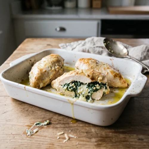 Baked spinach and cheese stuffed chicken breasts in a white baking dish, one cut open to show the filling