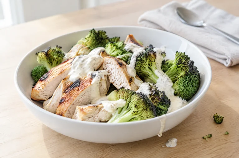 Healthy Grilled Chicken Broccoli Bowls with Creamy Garlic Sauce