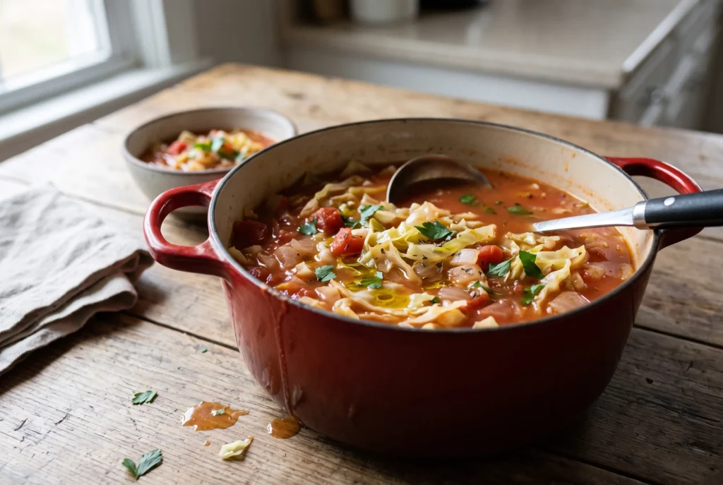 Red Dutch oven of tomato and cabbage soup with a ladle on a worn wooden table