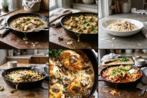 A collage of high protein skillet dinners with chicken and cheese on a kitchen table