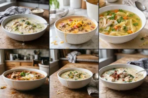 A collage of six high protein soups in bowls on a kitchen table
