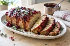 A sliced turkey meatloaf with a glossy cranberry glaze, fresh sage and thyme, on a pale platter with a small pan of cranberry sauce beside it.